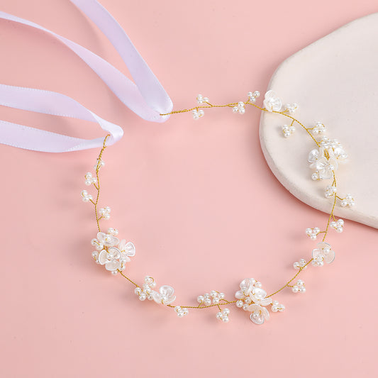 LXUEJIE 1Pcs Flower Girl Hair Accessory, Handmade Wedding Headband, Pearl Headpiece, Princess Headpiece White Flower Headband for Girls and Women, Wedding, Birthday, Party, and First Communion (Gold)