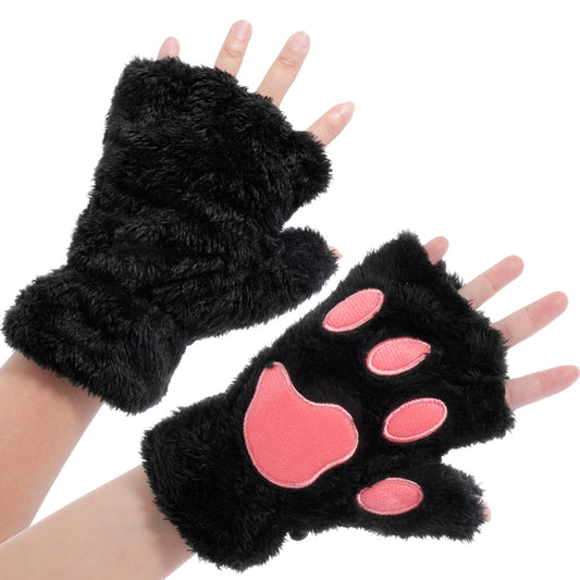 LXUEJIE Cat Paws Gloves, Cute Cat Kitten Paw Fingerless Faux Fur Plush Gloves, Halloween Cosplay Costume Accessories