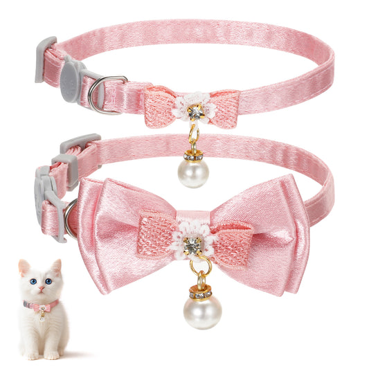Jeffdad 2Pcs Cat Collar Breakaway, Pink Bowtie Cat Collar with Pearl Pendant Quick Release Safe Buckle Cute Cat Collars for Girl Cat
