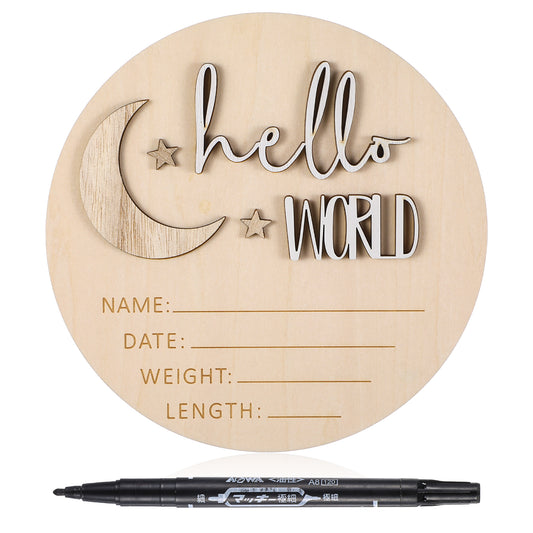 Giantree Baby Announcement Sign, 5.9Inch Round Baby Nursery Name Signs, Wooden Birth Moon And Stars Welcome Baby Sign for Baby Shower Hospital Nursery for Baby, Newborn Boys and Girls Gift