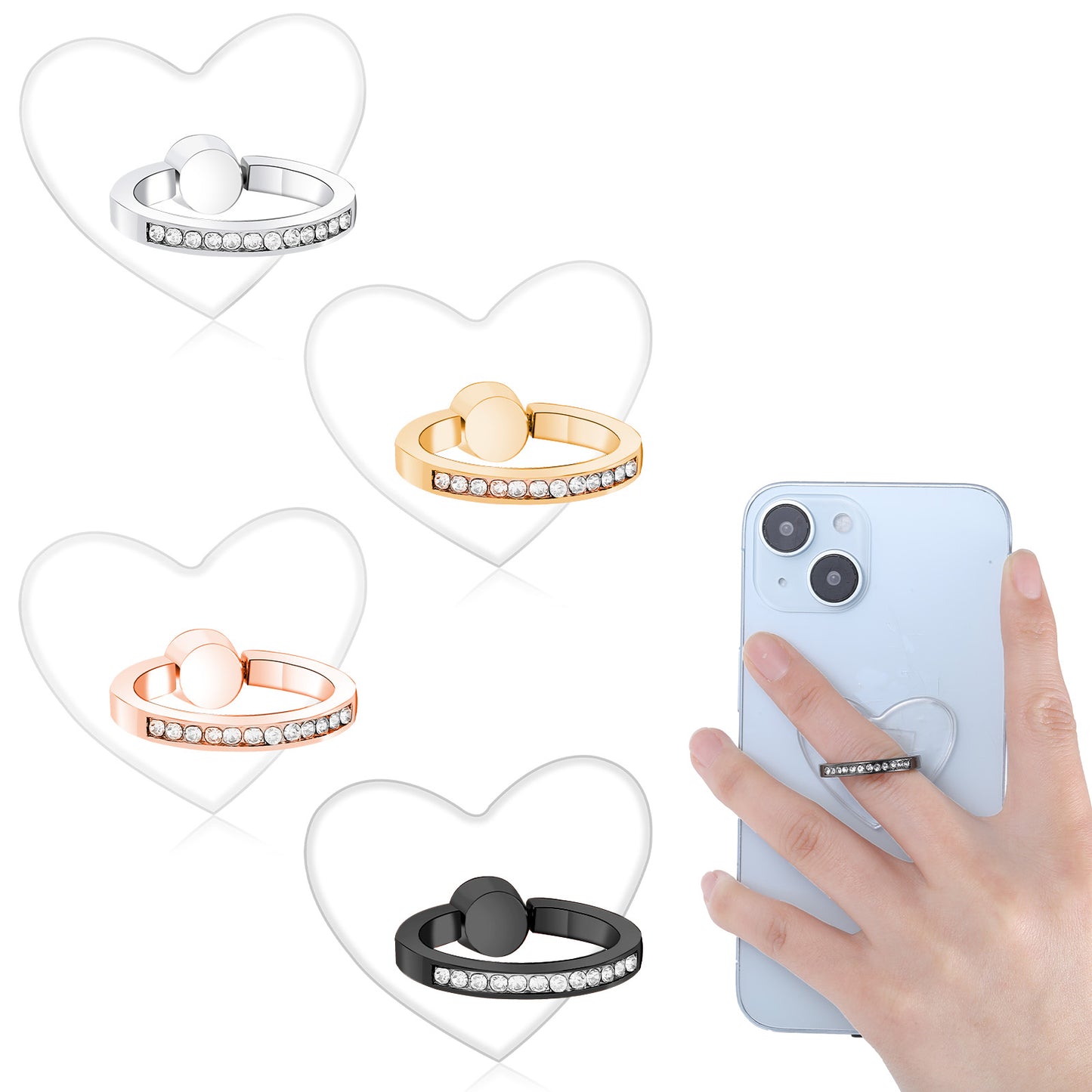 simarro 4Pcs Transparent Phone Ring Holder, Heart Diamond Setting Ring Phone Holder 360 Degree Rotation Compatible wif Most of Teh Phones, Tablet and Case