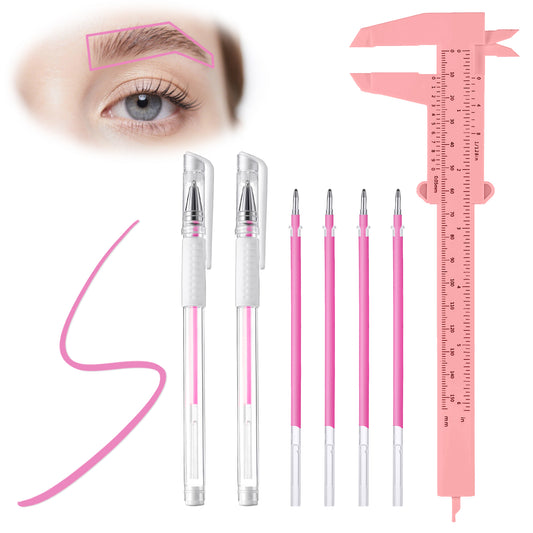 Bewudy Eyebrow Microblading Marker Pen, 2 Pcs Brow Mapping Pens with with 4 Replacement Refills and 1 Ruler, White Makeup Tattoo Skin Marker Pen, Brow Lamination Supplies for Eyebrow Lip Skin(Pink)