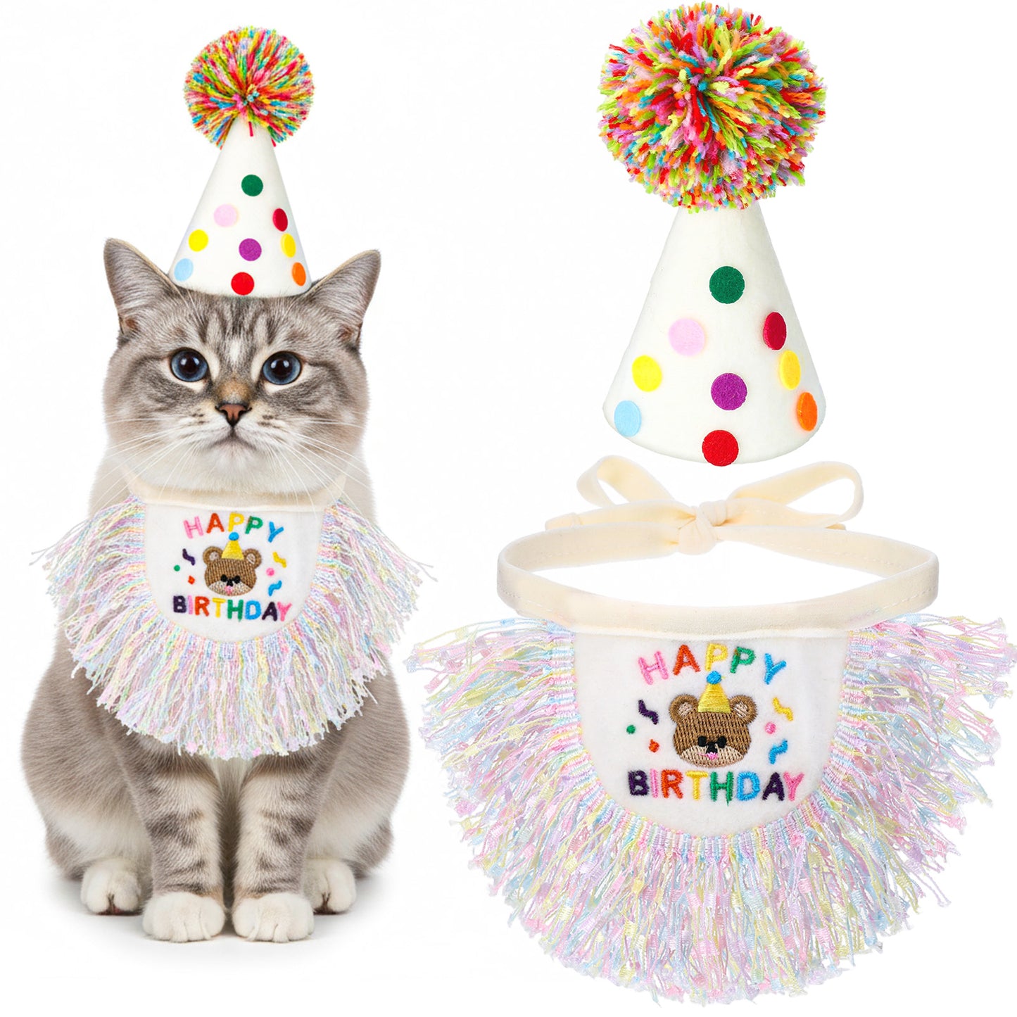 YUXMU Birthday Hat for Cat, Birthday and Bandana Scarf Cat Outfit Party Hat & Cute Lace Puppy Bib Scarf Small To Medium Cats & Dogs