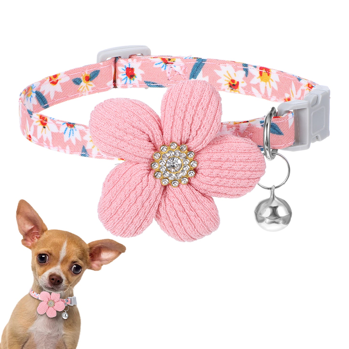 GEEHUA 12Pcs Adjustable Floral Dog Cat Collar, Pink Flower Puppy Dogs Cat Collar Cute Pet Dog Cats Collars Choker with Rhinestone for Pets Puppy Girls Dogs Cats