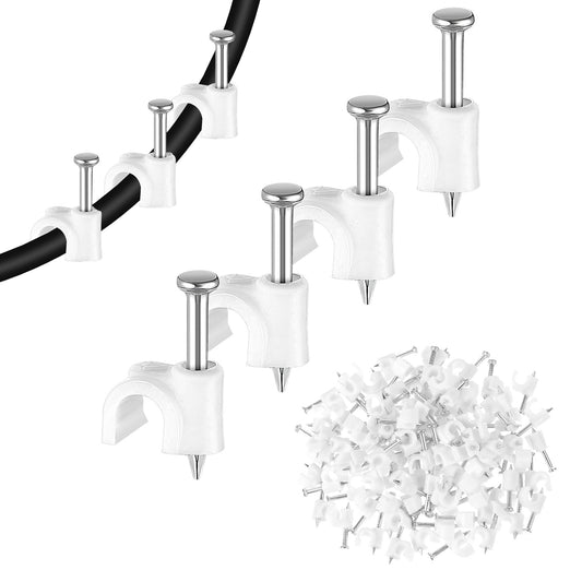 MBAIYO 100 Pack Cable Clips with Steel Nails, 4mm White Round Wire Clips, Ethernet Coaxial Cable Clip Cord Clip for Wires on Wall Cables Management Organizer