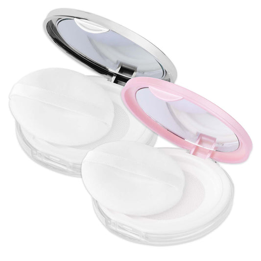 Giantree Loose Powder Container with Puff, 0.17 oz Refillable Empty Powder Compact with Mirror for Women, Reusable Empty Compact Powder Makeup Case Portable with Elasticated Net Sifter(Pink+Silver)
