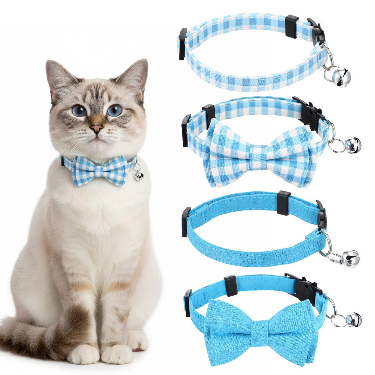 Molain 4 Pack Breakaway Cat Collar, Blue Bowtie Cat Collar with Bow Adjustable Cute Kitten Collars with Pearl Pendant for Girl Cats