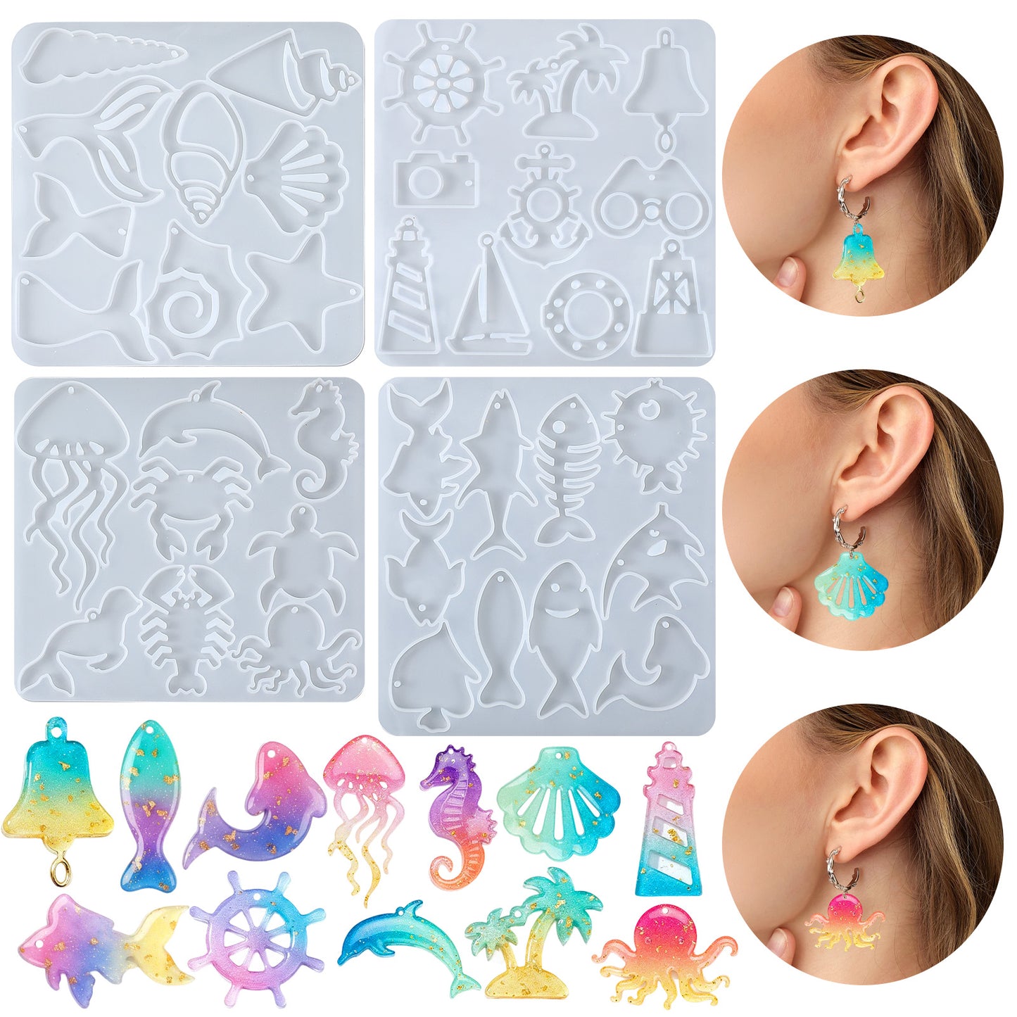 WJIAAA Ocean Theme Silicone Molds, 4PCS Marine Life Resin Eearring Molds for Jewelry Making Jellyfish Shell Starfish DIY Epoxy Resin Craft Supplies Lighthouse Ship Wheel for Earring Keychain Pendant