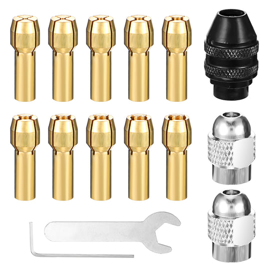 AOZUO Pack of 16 Drill Chuck Collets Compatible, Brass Drill Chuck Replacement 0.8 mm to 3.2 mm Accessories, Replacement 4486 Quick Change Drill Chuck and Replacement 4485 Brass Collets