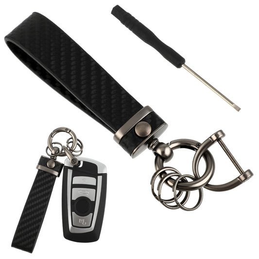 HJZHII Leather Car Keychain, Detachable Carbon Fiber Keyrings for Car Keys 360 Degree Rotatable with Anti-Lost D-Ring Screwdriver Auto Key Chain Holder Car Accessories for Men Women(Black)
