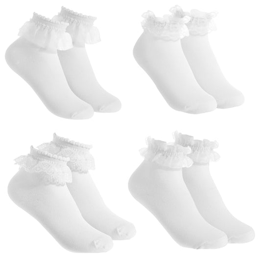 LXUEJIE 4 Pairs White Lace Ruffle Socks, Cute Lace Frilly Ankle Socks Cotton Ballet Sock for Women