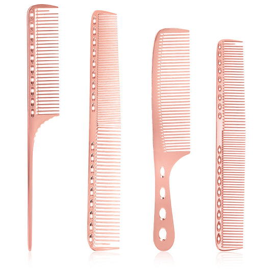Giantree 4Pcs Metal Comb, Barber Comb Metal Comb for Men, Flat Iron Comb, Aluminum Dressing Comb Professional Barber Types, Combs for Man and Woman Hairdressing Heat Resistant Barber Comb (Rose Gold)