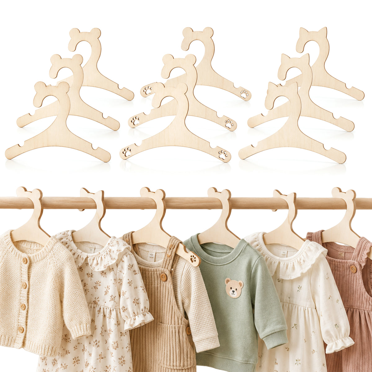 Giantree 9Pcs Wooden Baby Hanger, 3 Style Cute Baby Clothes Hangers Storage