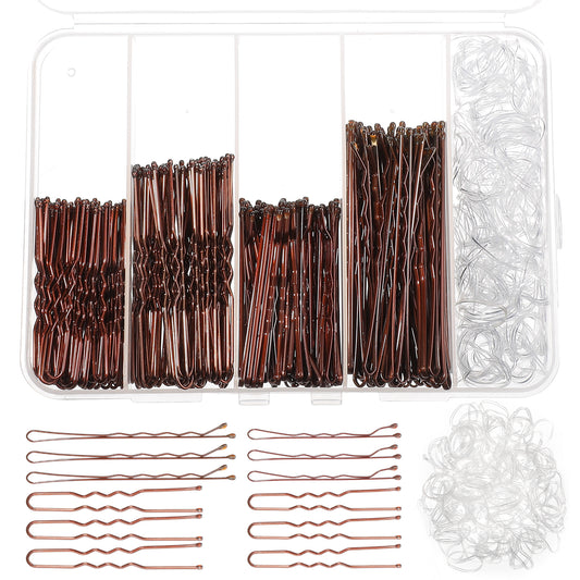 AOZUO 300Pcs Bobby Pins Hair Pins Kit, 100 Brown Bobby Pins 100 Hair Pins for Women 100 Clear Elastic Hair Bands U Shape Hair Pins for Buns with Storage Box 2" / 2.36" / 2.75”