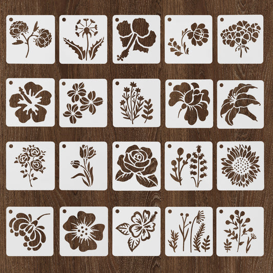 TIESOME 20 PCS Flower Stencils for Crafts, 3inch Reusable Plastic Painting Flowers Stencils Art Drawing Floral Templates for Walls Canvas Home Decor DIY Crafts Wood