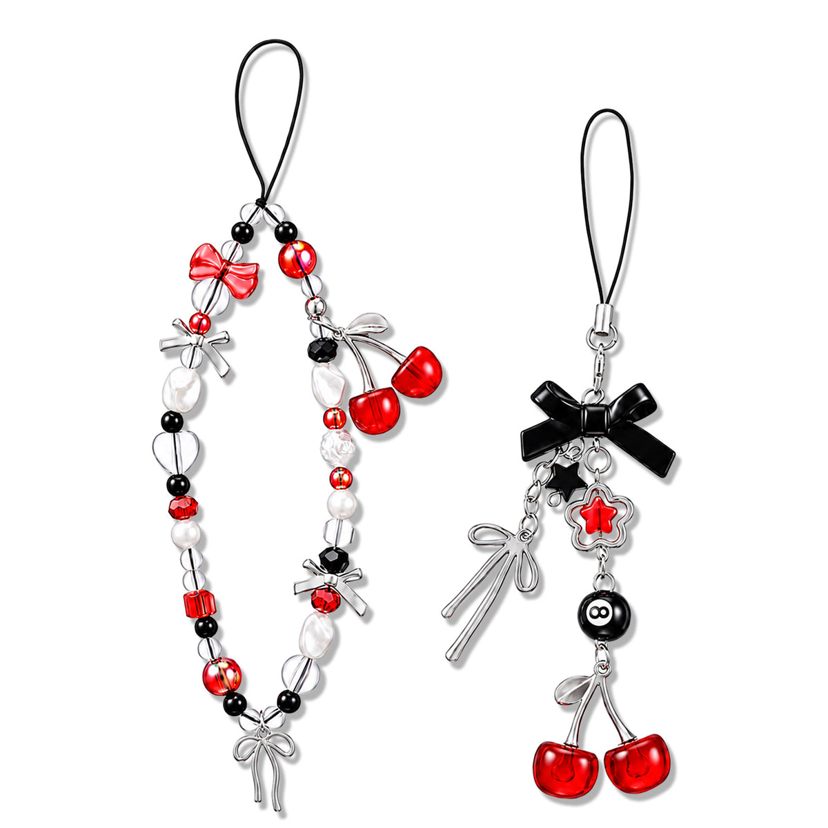 SULIKJHUI 2Pcs Cherry Phone Charm Strap, Red Phone Charm Wrist Beaded Chain