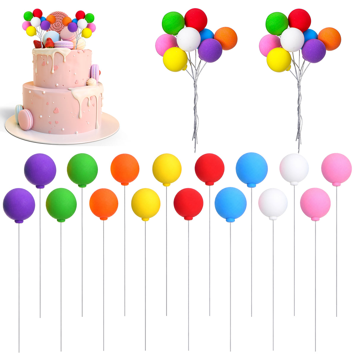 YUXMU 24 Pcs Balloon Cake Topper, Multicolor Ball Cake Decorations