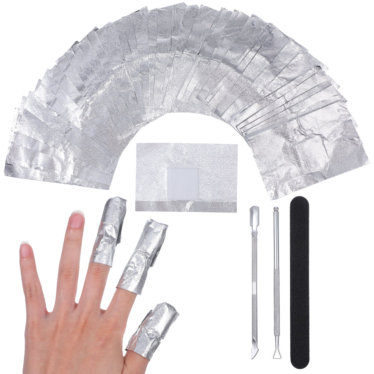 TIESOME 200Pcs Nail Foil Wraps, Aluminum Gel Polish Remover Soak Off Foils with Cotton Pads Manicure Removal Tool with Cuticle Tools & Nail File for Manicure for Fingers and Toes