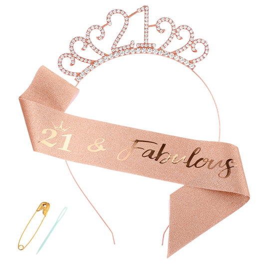 LXUEJIE 21st Birthday Sash and Crystal Tiara Crown for Decorations, Gold Crystal Tiara Crown, 21st Birthday Sash for Her Party Accessories, Decorations & Gifts(Rose Gold)