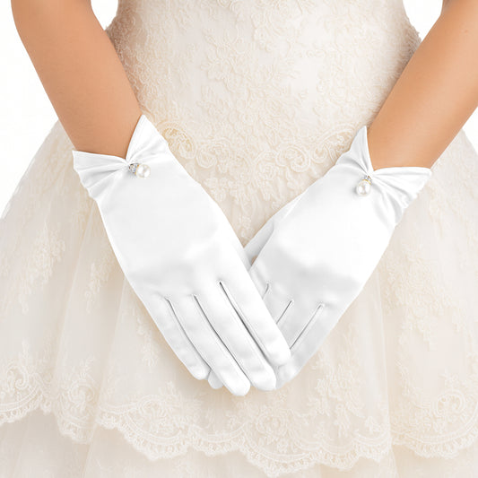 BOHUIZ Short Satin Gloves for Women, White Pearl Dress Glove Short Wedding Bridal Gloves Uniform Glove for 1920s Banquet Gown Wedding Opera Dinner Party Tea Party
