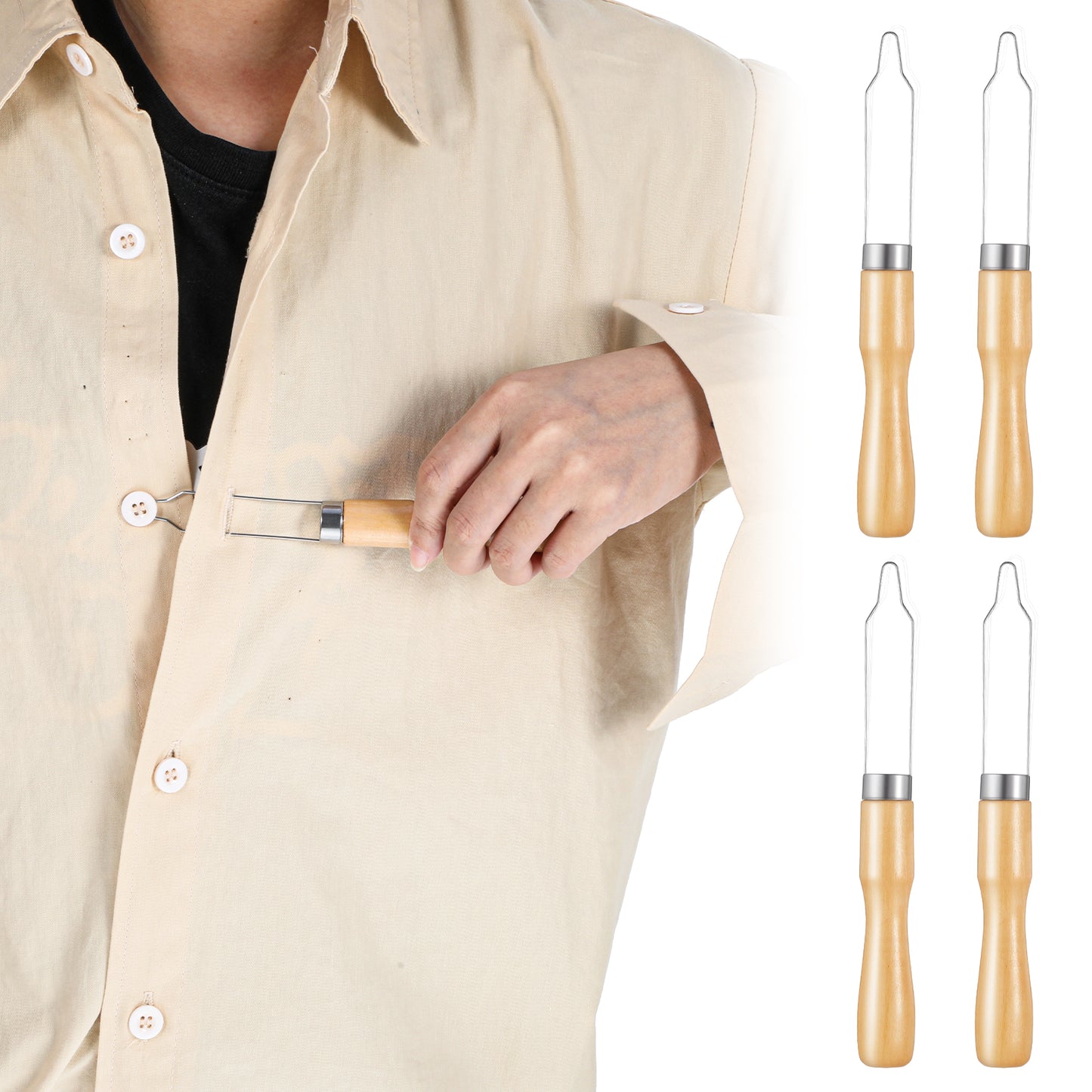 WJIAAA 4 Pack Button Hook Assist Device with Easy-Grip Wooden Handle,One Handed Button Assist Device Dressing Aid for Shirts Pant Wedding Dresses