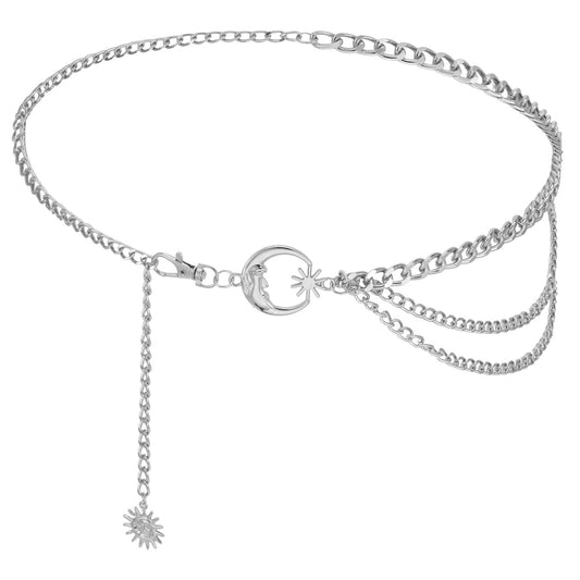 BOHUIZ Multilayer Metal Waist Chain Belt for Women, Silver Sun Moon Belly Belt Body Chain Jewelry Accessories for Dress Jeans
