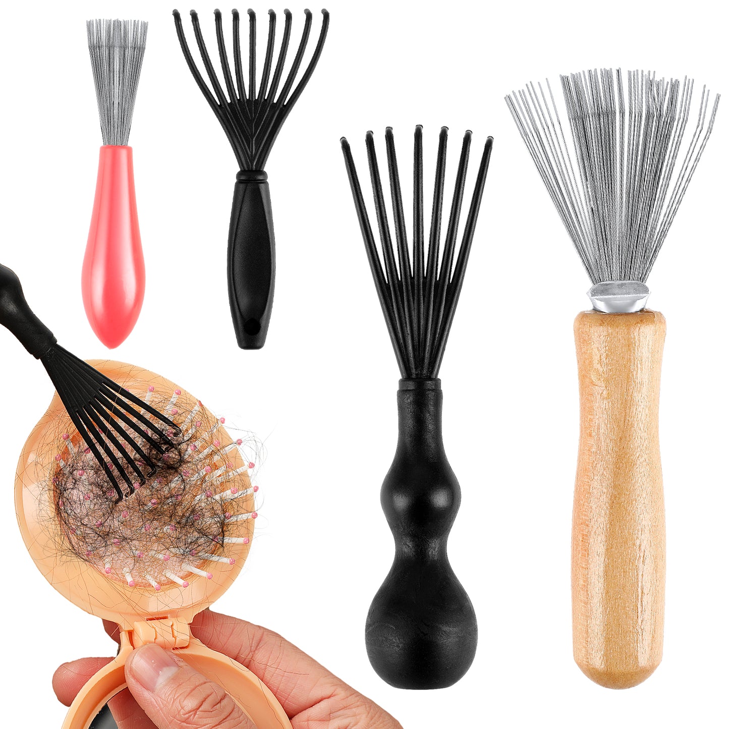 WJIAAA 4 Pcs Hair Brush Cleaner Tool Set,Hairbrush cleaner with Rake Design Metal Wire Comb Remover Mini Instrument Hairstylist Essentials Wooden Handle for Home Salon Removing Hairs Dust Dirt Lint