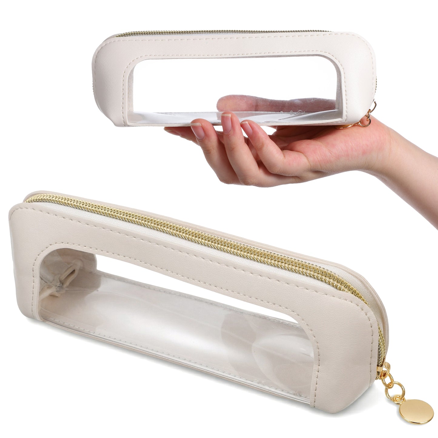 JJUNW Clear Makeup Brush Bag, Waterproof Portable Makeup Brush Bag, Make-up Brush Bags Double Sided Clear Toiletry Bag with Zipper for Women Travel Storage (Beige)