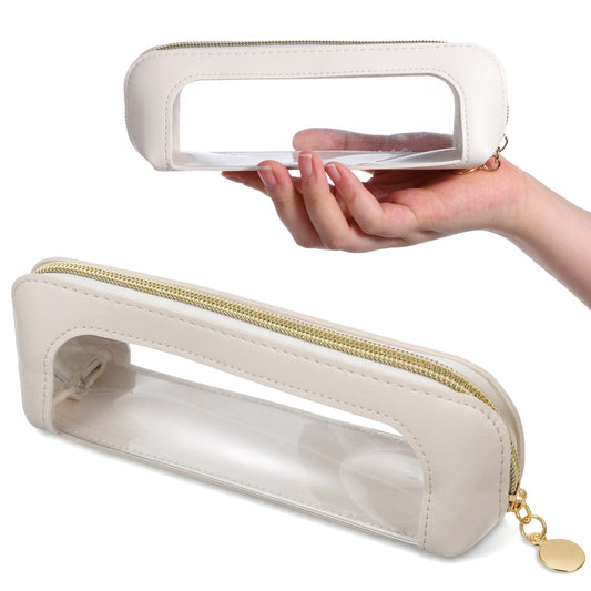 JJUNW Clear Makeup Brush Bag, Waterproof Portable Makeup Brush Bag, Make-up Brush Bags Double Sided Clear Toiletry Bag with Zipper for Women Travel Storage (Beige)