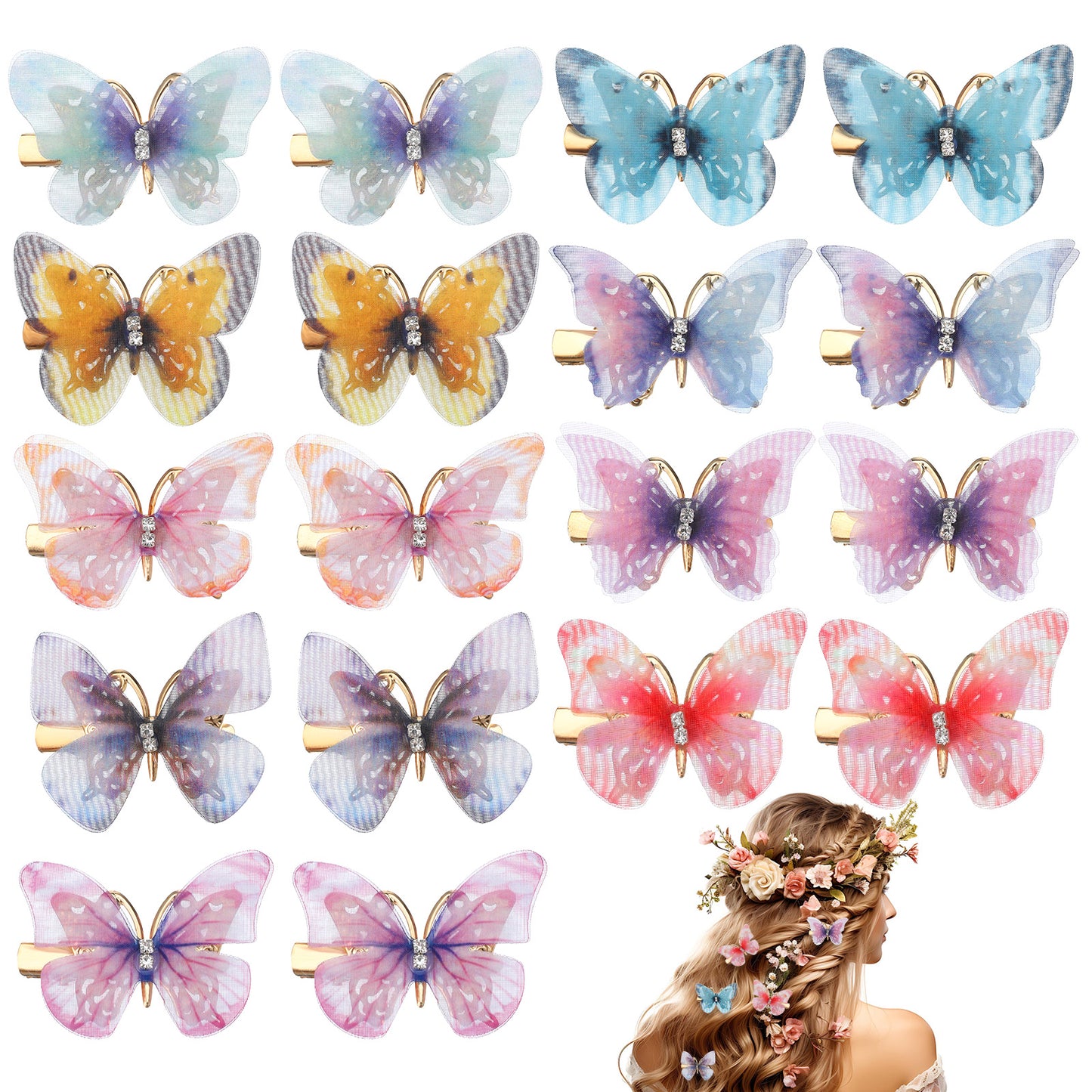 SHENLIU 18Pcs Moving Butterfly Hair Clips, Glitter Butterfly Clips for Girl Cute Fairy Hair Accessories for Themed Party Prom Wedding Back to School