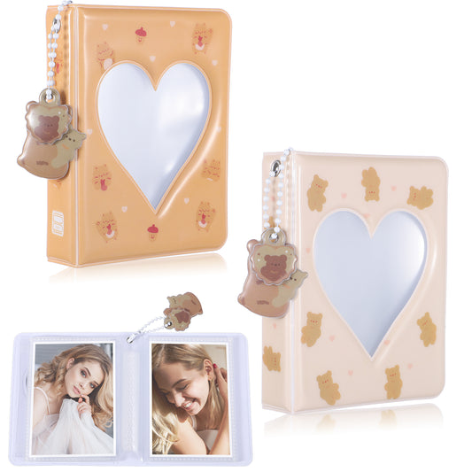 HJZHII 2PCS Photocard Binder with Pendant 36 Pockets, 3.4in Mini Photo Album Love Heart Hollow Photo Card Holder with 5 Cute Decoration for Standard Idol Photocards, Polaroids, Photos(Bear + Squirrel)
