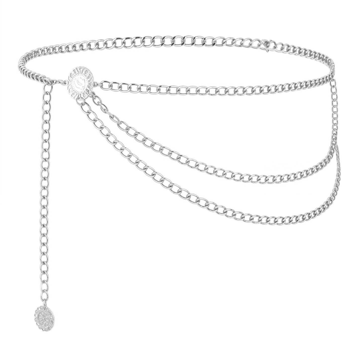 Andibro Multilayer Metal Waist Chain Belt for Women, Adjustable Fashion Gold Body Jewelry for Dresses Jeans(silver)