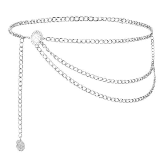 Andibro Multilayer Metal Waist Chain Belt for Women, Adjustable Fashion Gold Body Jewelry for Dresses Jeans(silver)