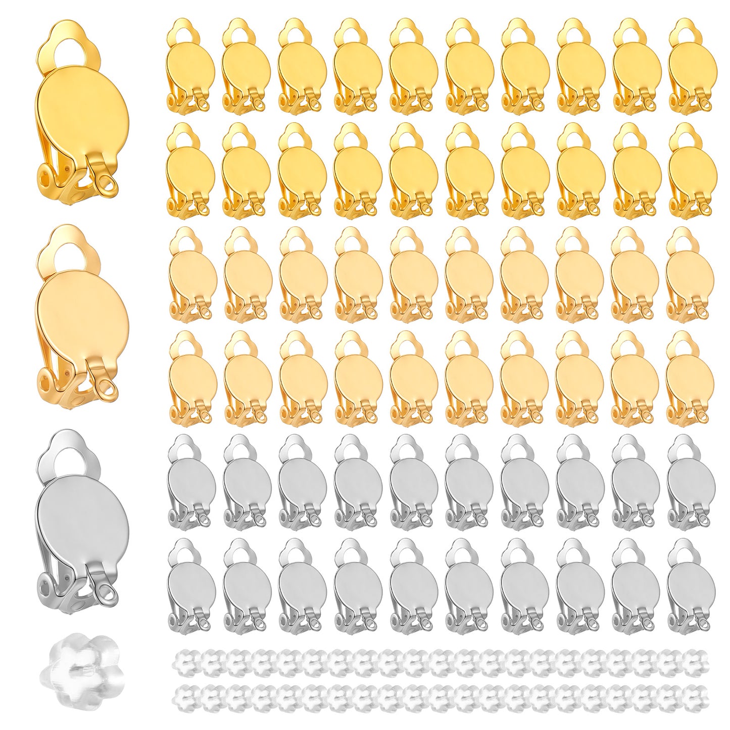 TIESOME 60 Pcs Clip On Earring Converter, Round Flat Back Tray Earring Clips with Silicone Pads for DIY Earrings, Gold and Silver