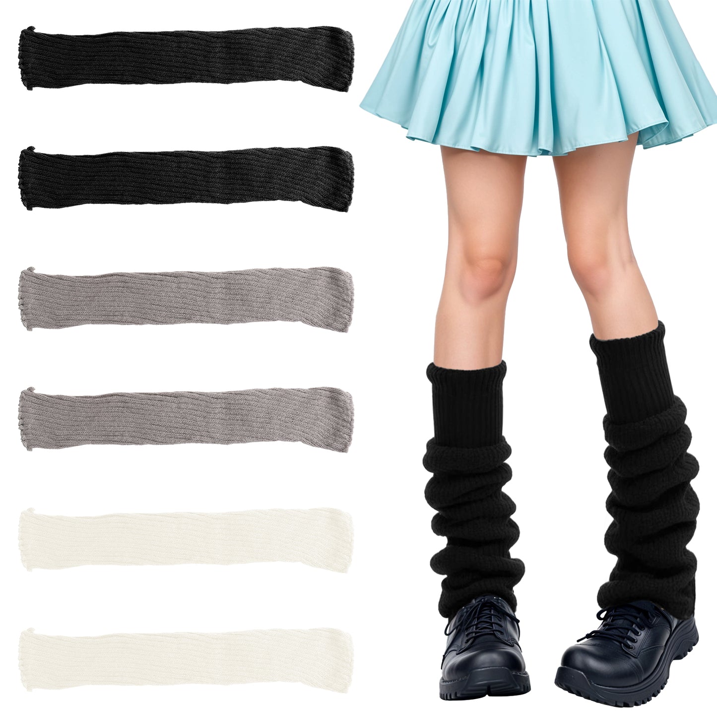 Giantree 3 Pairs Leg Warmers, Fashion Knit Winter Warm Leg Long Socks Boot Cuffs Topper Legging Pads For Women Girls Black & White & Grey