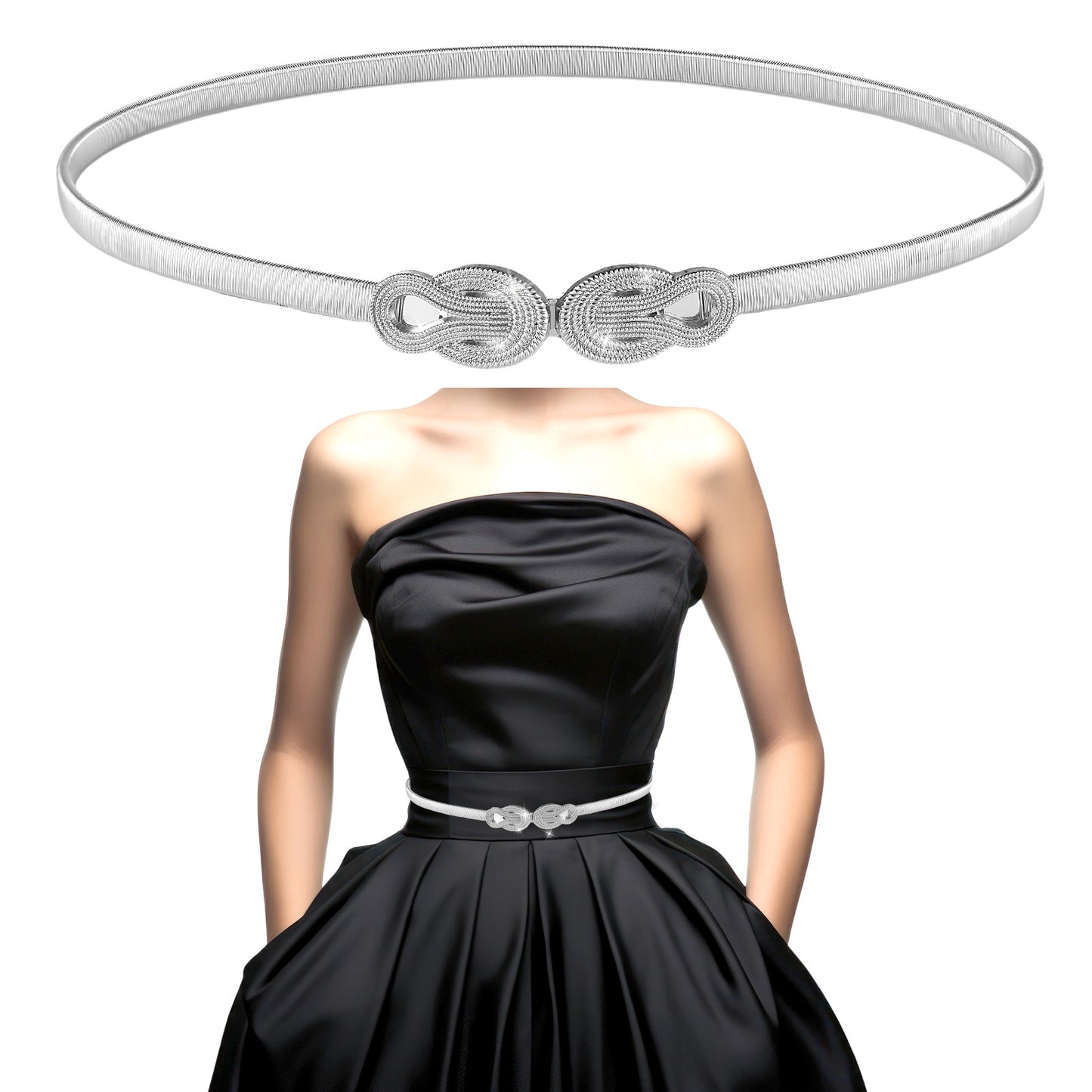 Molain Skinny Elastic Waist Belt for Women, Gold Metal Stretch Chain Belt with Hook, Adjustable Thin Gold Belts for Dresses(Silver)