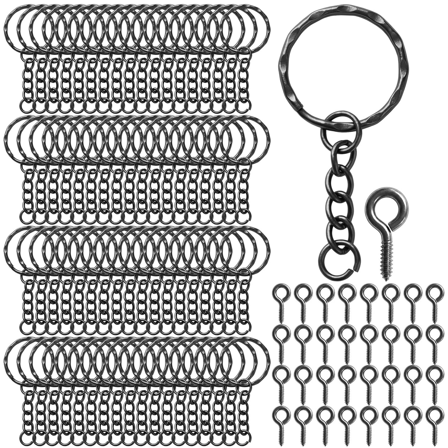 Cobee 85Pcs 25mm Keyring Making Kit, Split Keyring with Chain and Screw Eye Pins Metal Keychain Ring Key Ring Hoops with Jump Rings Keyrings Rings for DIY Craft Jewelry Making Accessories(Matte Black)