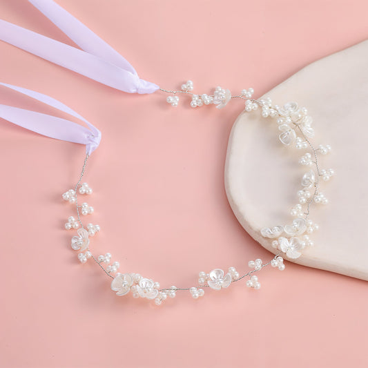 LXUEJIE 1Pcs Flower Girl Hair Accessory, Handmade Wedding Headband, Pearl Headpiece, Princess Headpiece White Flower Headband for Girls and Women, Wedding, Birthday, Party, and First Communion(Silver)