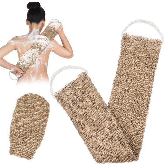 JIEYAO 2 Pcs Hemp Exfoliating Back Scrubber & Glove, Natural Body Scrubber for Shower, Body Wash Deep Cleaning Brush Loofah Dead Skin Removal Shower Bath Towel Strap with Handle for Men Women