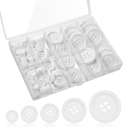 AOZUO 160Pcs Resin White Buttons, 4-Hole Round Sewing Buttons, 5 Sizes of Craft Round Buttons with Storage Box Large Mixed Buttons for DIY Crafts Scrapbooking Clothes Sewing Buttons Decoration(White)