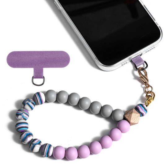 AOZUO Silicone Beaded Phone Wrist Strap, Marble Cellphone Lanyard with Tether Tab Elastic Hands-Free Phone Chain String Wristlet Bracelet Lanyard for Mobile Phone Car Keys ID Badges(Purple)