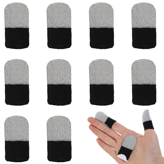 AOZUO 10pcs Finger Sleeve for Gaming, Silver Fibers Gaming Finger Gloves Breathable Seamless Sweatproof Touchscreen Finger Cover Thin Thumb Protector Compatible with Touchscreen Devices (Black+Grey)