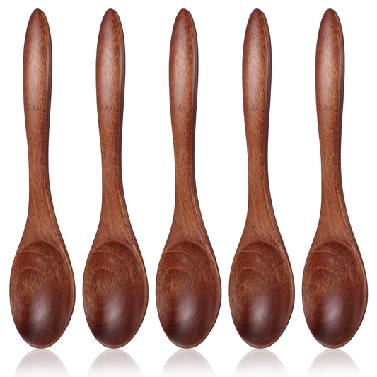 Molain 5Pcs Wooden Spoons for Eating, 5.7 Inch Natural Wood Soup Spoon Multi-Purpose Wooden Stirring Spoons for Coffee Dessert Cereal Hot Chocolate Honey Coffee Tea Kitchen Accessories