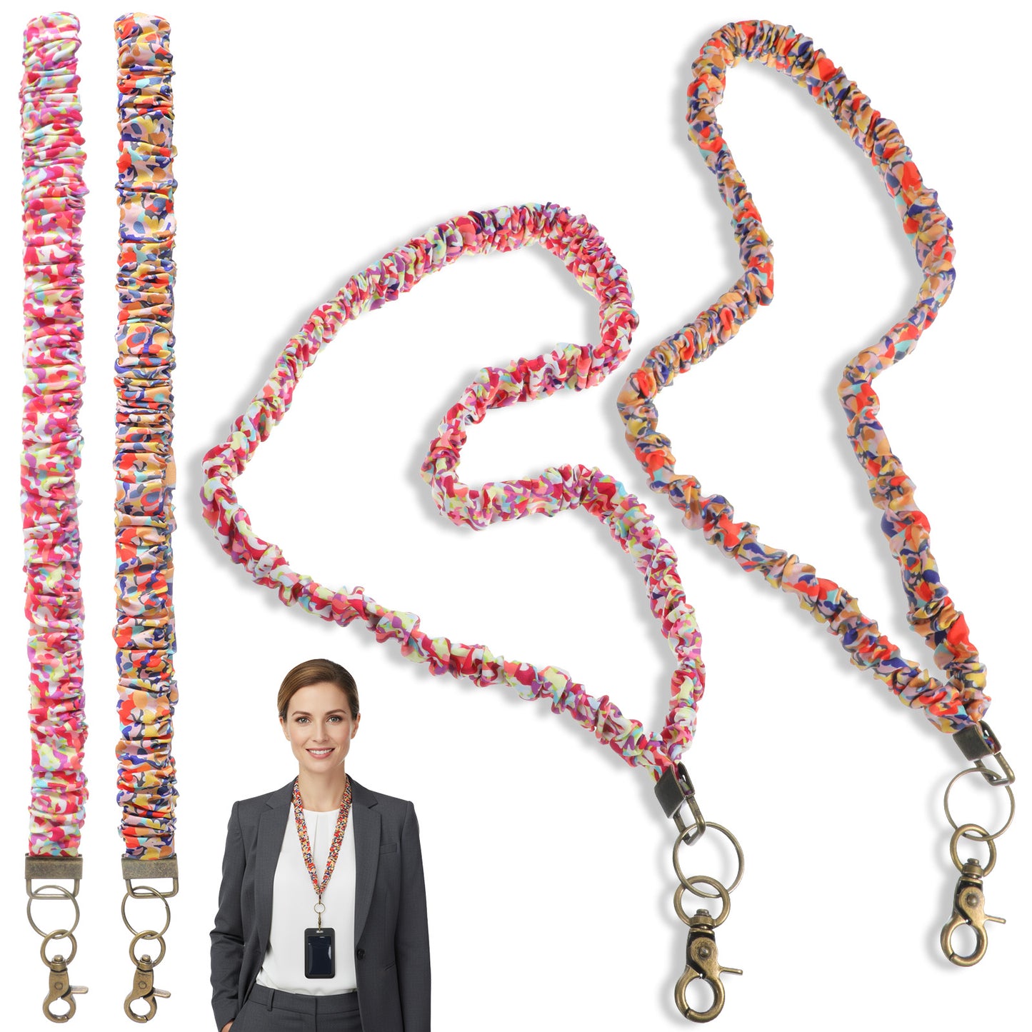 WJIAAA 2 Pack Teacher Scrunchie Lanyard with Lobster Clasp, Stretchy Floral Retractable Keychain for ID Badges and Keys(Pink and Brown)