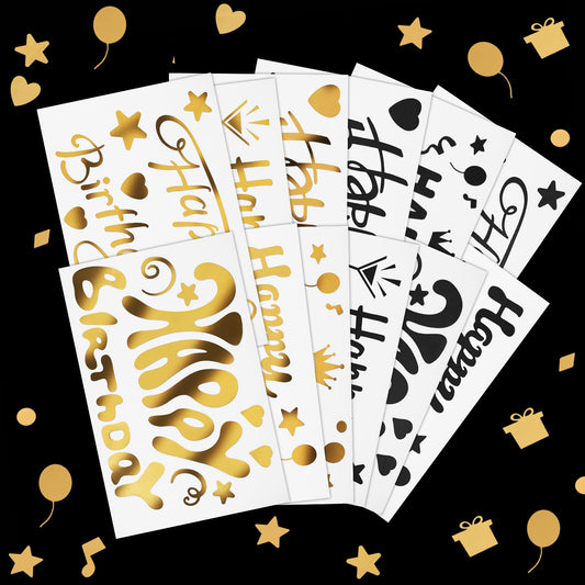 MBAIYO 12 Pieces Happy Birthday Balloon Stickers - Black Gold PVC Letter Decals for Transparent Balloons, DIY Wedding Party Decorations, Feliz Cumpleaños Balloons & Window Clings