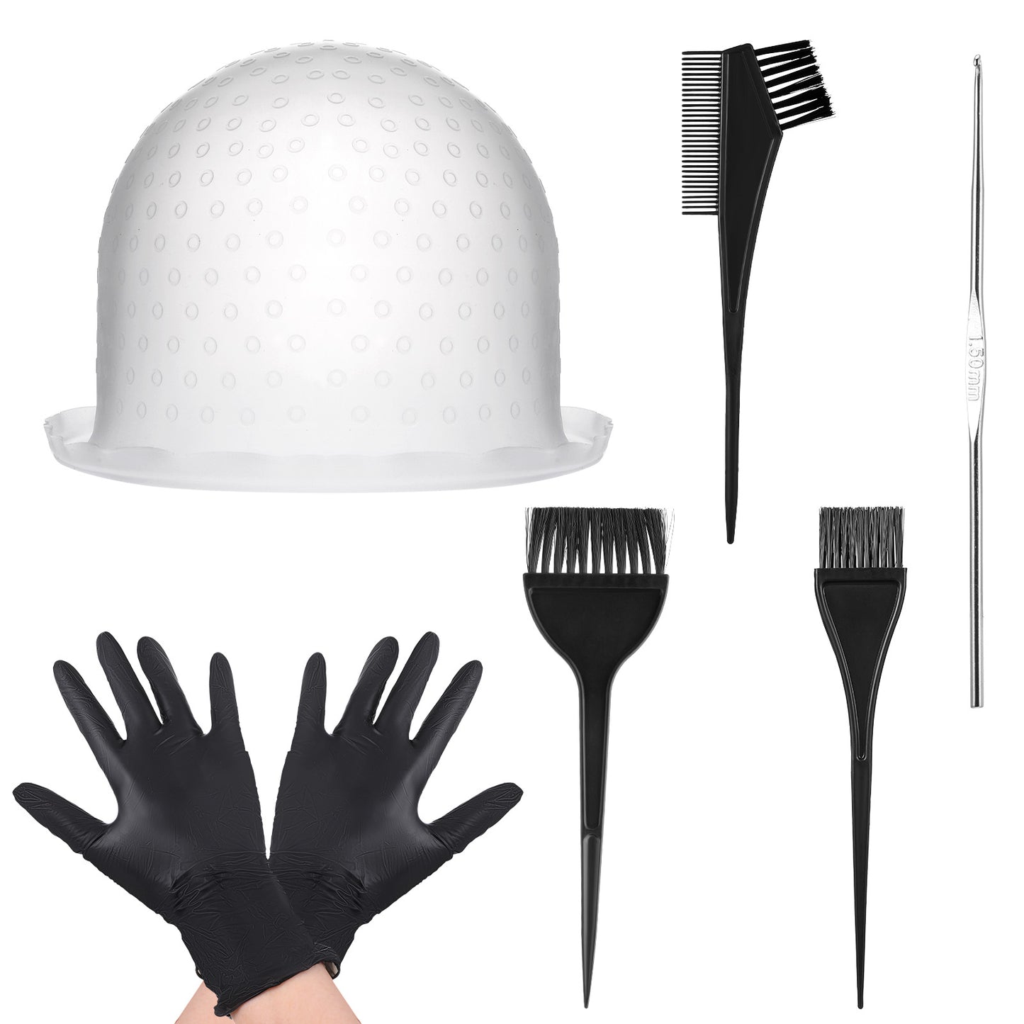 Yuanchu Punched Hole Silicone Highlight Hair Cap with Hair Coloring Brushes, Needle and Gloves Highlighting Frosting Cap Professional Salon Silicone Dyeing Staining Hairdressing Tools 7PCS