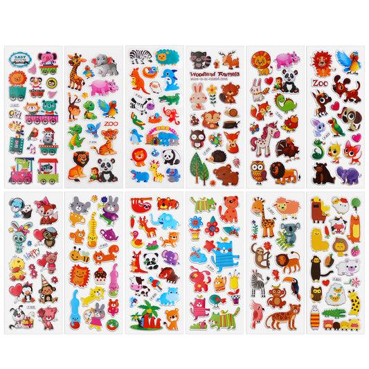 HJZHII 12 Sheet Variety Puffy Stickers for Kids, Cute Animal Sticker Colorful Children 3D Stickers Kid Stickers for Party Bag Fillers Rewarding Gifts Scrapbooking(Animal)