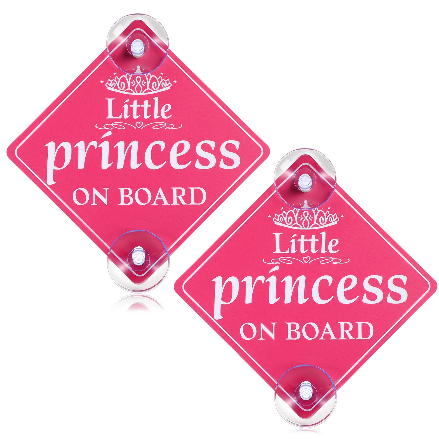 Amabro Car Safety Warning Signs Sticker, 2 Pcs 5"x5" Little Princess on Board Car Sign with Double Suction Cups Waterproof Reusable Baby Decals for Rear Side Windows Bumpers, Bright Pink