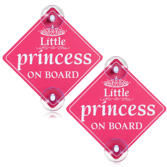 Amabro Car Safety Warning Signs Sticker, 2 Pcs 5"x5" Little Princess on Board Car Sign with Double Suction Cups Waterproof Reusable Baby Decals for Rear Side Windows Bumpers, Bright Pink