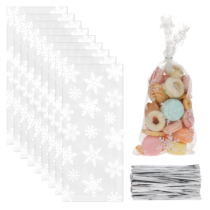 cobee 100 Pcs Christmas Treat Bags with Ties, Winter Snowflake Holiday Treat Bags Christmas Cookie Candy Bags for Party Favor, Gift Wrapping, Chocolates, Popcorn(White)